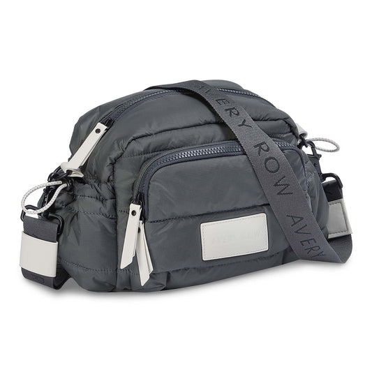 Gray crossbody bag with visible branding on a white background