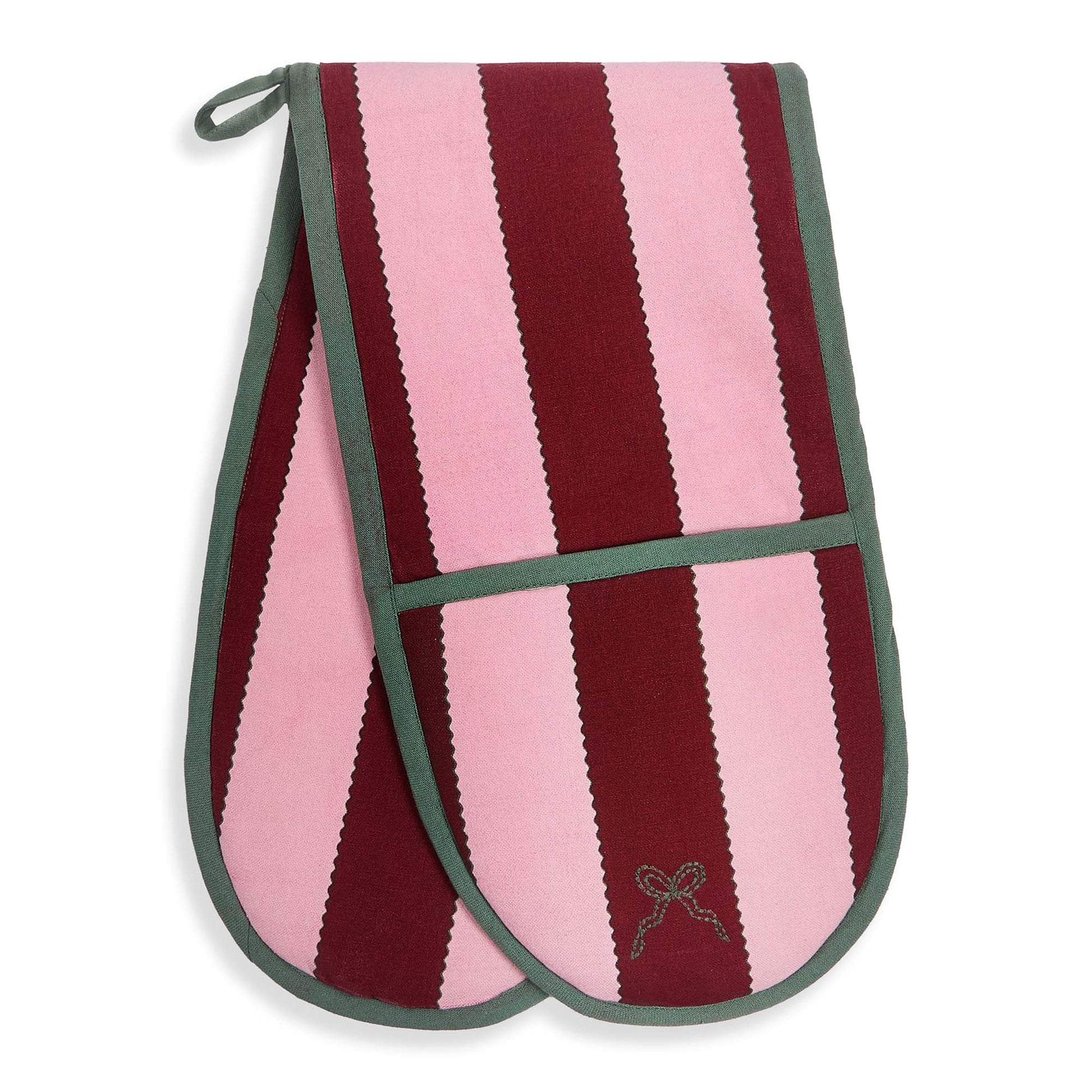 Double oven mitt with pink and red striped pattern on a white background
