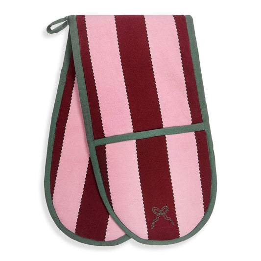 Double oven mitt with pink and red striped pattern on a white background