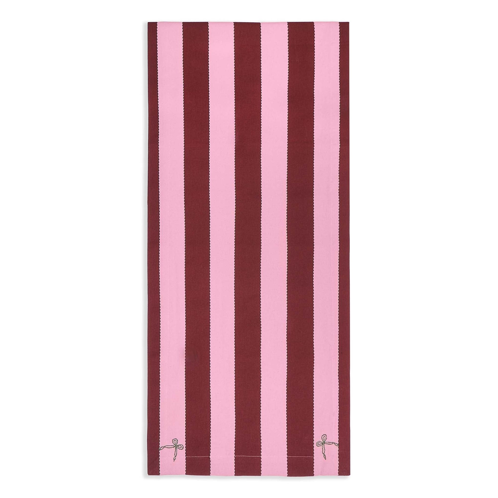 Striped towel with pink and brown vertical stripes on a white background