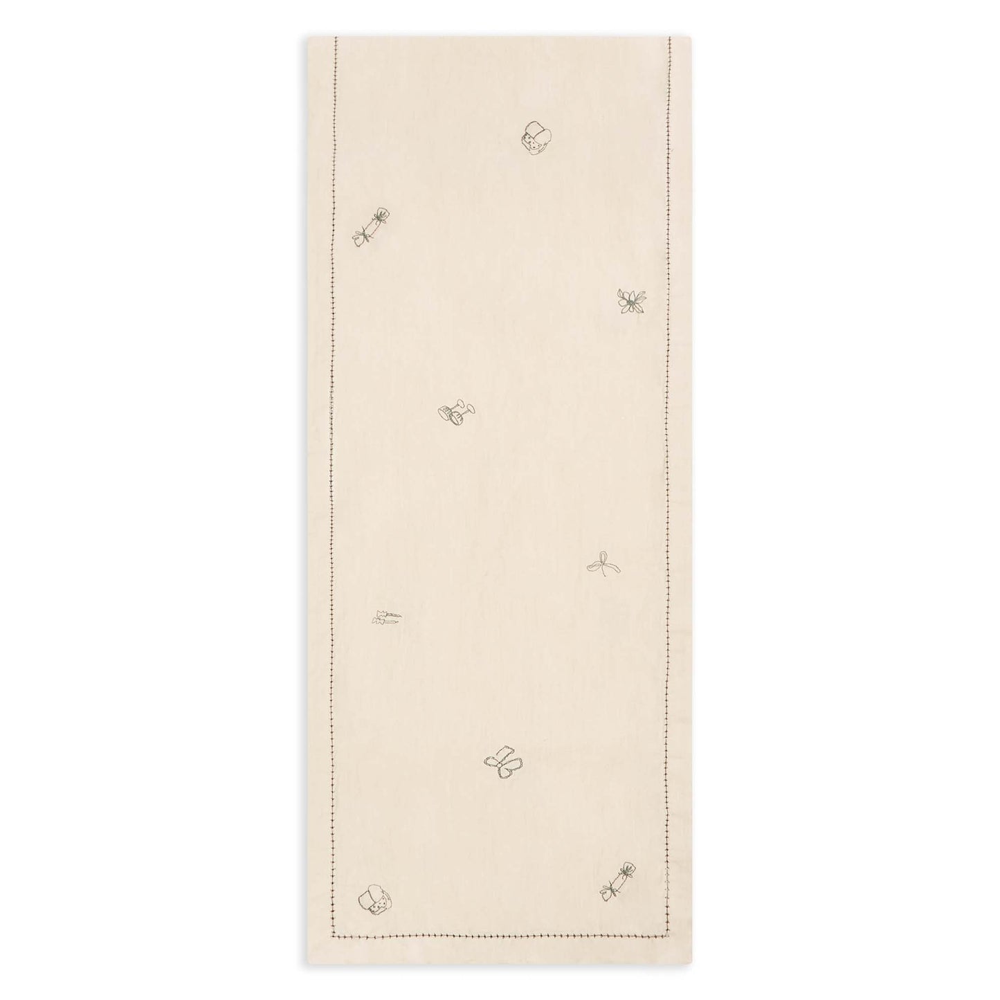 Beige table runner with embroidered butterfly designs on a white background