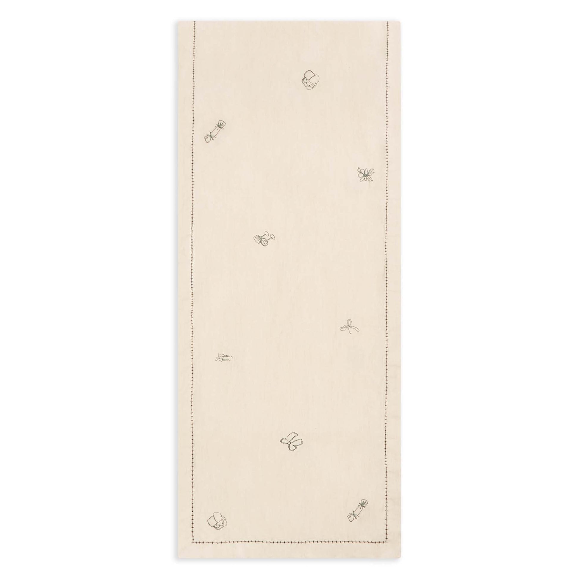 Beige table runner with embroidered butterfly designs on a white background