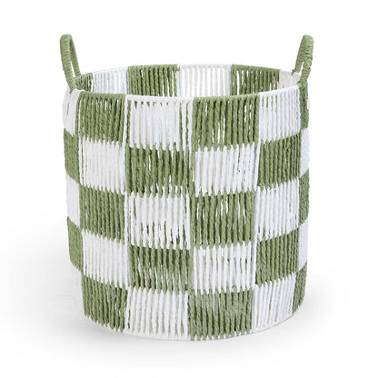 Woven basket with green and white checkered pattern on a white background
