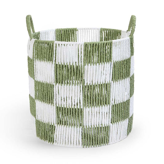 Woven basket with green and white checkered pattern on a white background