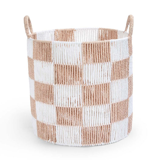 Woven basket with a checkered pattern on a white background