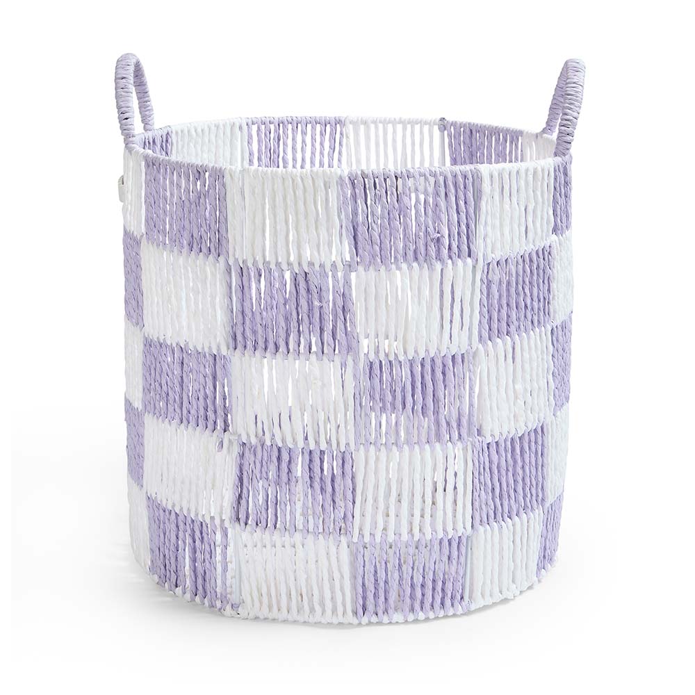 Woven basket with purple and white checkered pattern on a white background