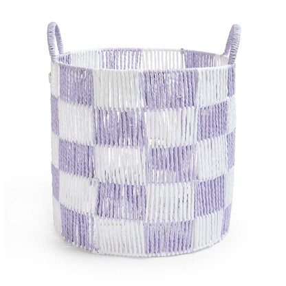 Woven basket with purple and white checkered pattern on a white background