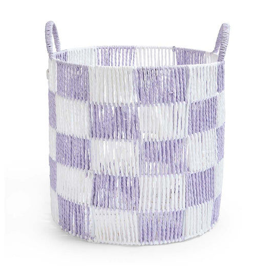 Woven basket with purple and white checkered pattern on a white background