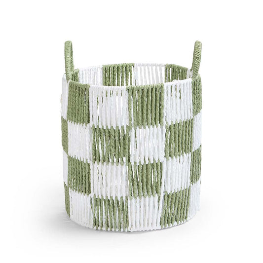Woven basket with green and white checkered pattern on a white background
