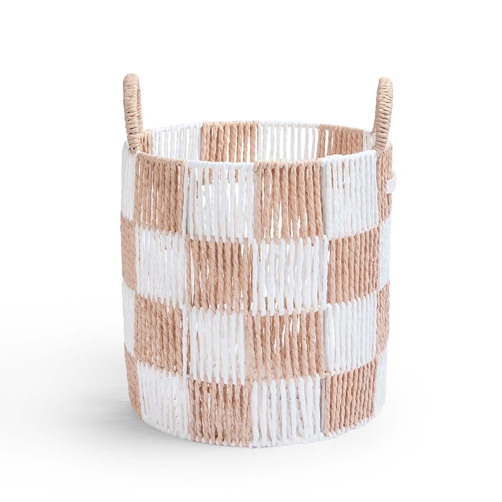 Woven basket with checkered pattern on a white background