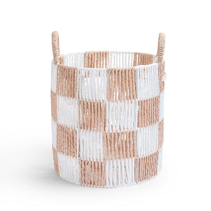Woven basket with checkered pattern on a white background
