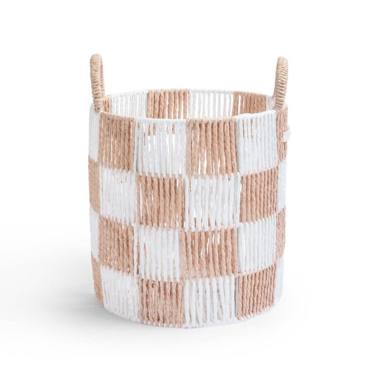 Woven basket with checkered pattern on a white background