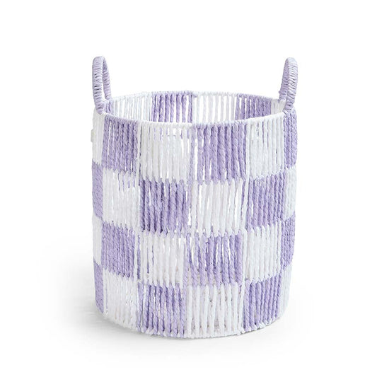 Checkered basket with purple and white pattern on a white background