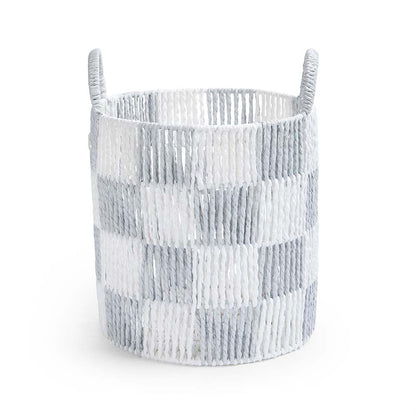 Textured storage basket with handles on a white background