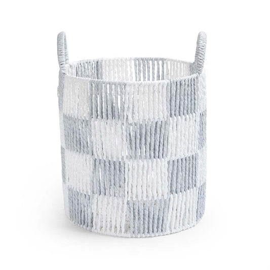 Textured storage basket with handles on a white background