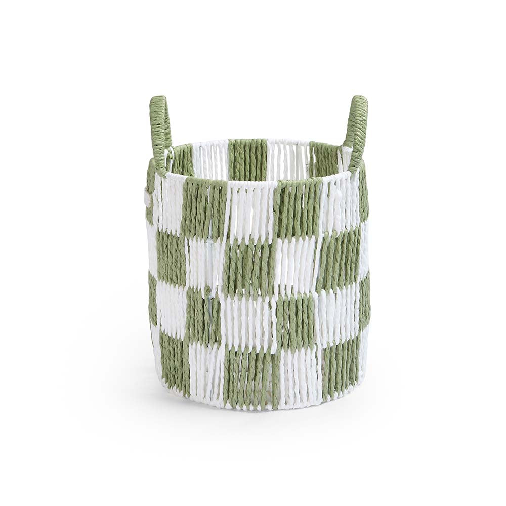 Woven basket with green and white checkered pattern on a white background