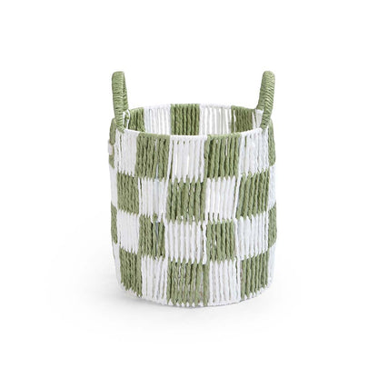 Woven basket with green and white checkered pattern on a white background