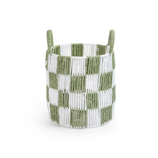 Woven basket with green and white checkered pattern on a white background