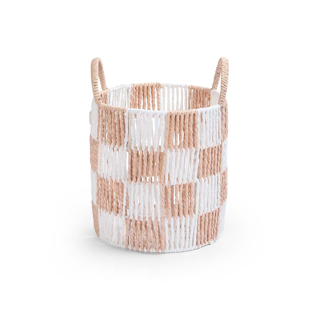 Woven basket with checkered pattern on a white background
