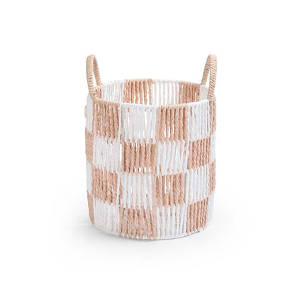Woven basket with checkered pattern on a white background