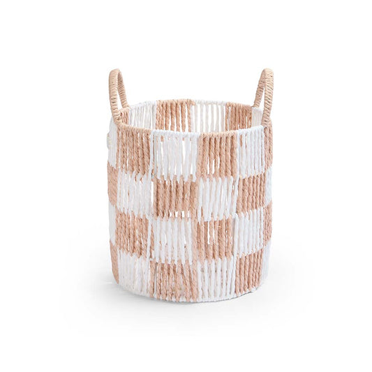 Woven basket with checkered pattern on a white background