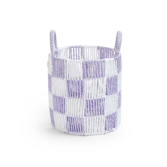 Woven basket with purple and white checkered pattern on a white background