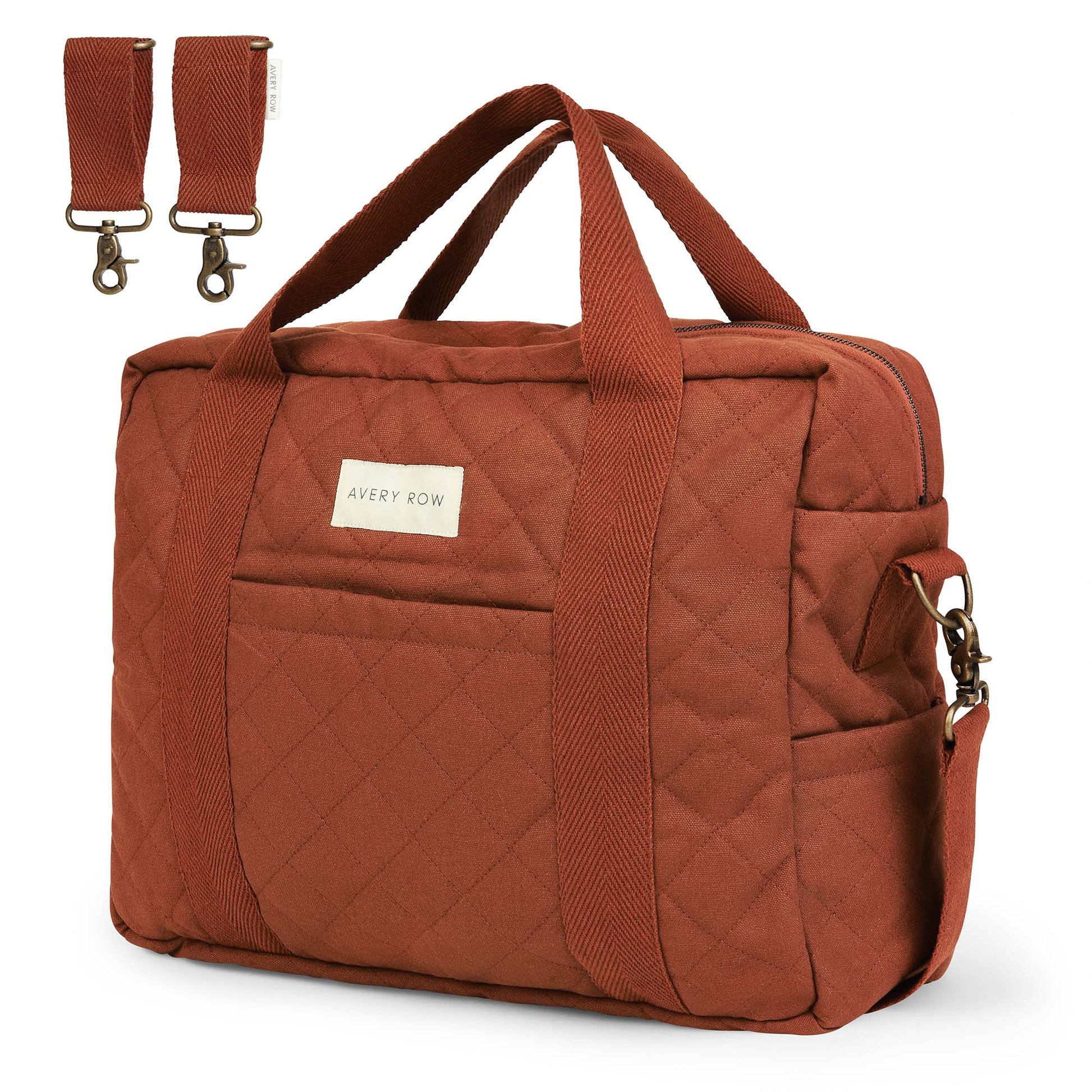 Brown quilted bag with straps on a white background