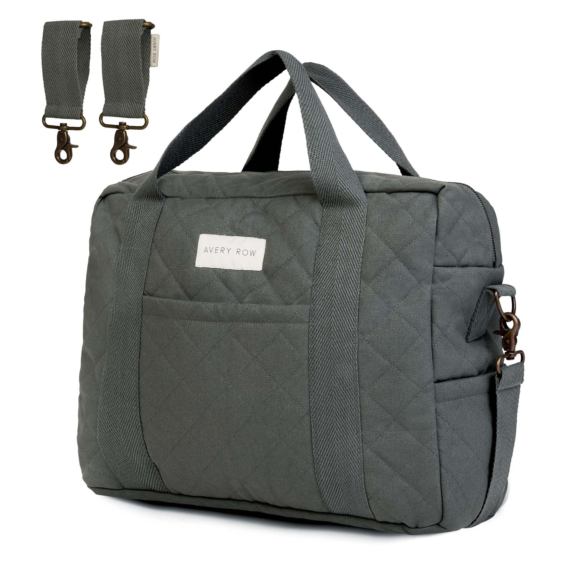 Gray quilted bag with straps on a white background