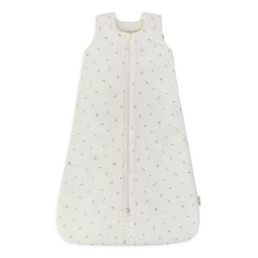 White baby sleeping bag with subtle pattern on a white background