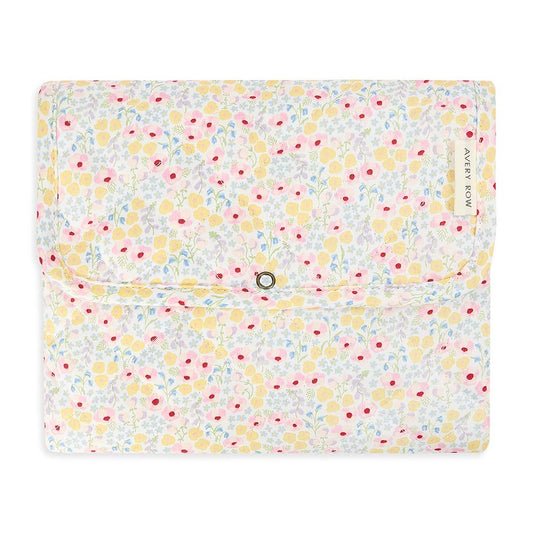 Floral patterned pouch with a brand name on a white background