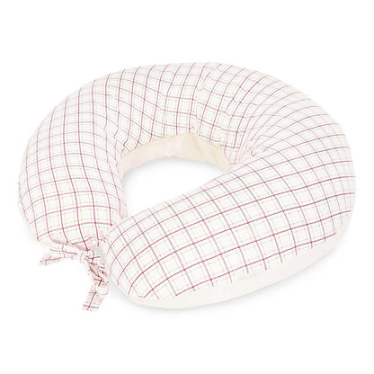 Round pillow with pink checkered cover on a white background