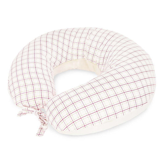 Round pillow with pink checkered cover on a white background