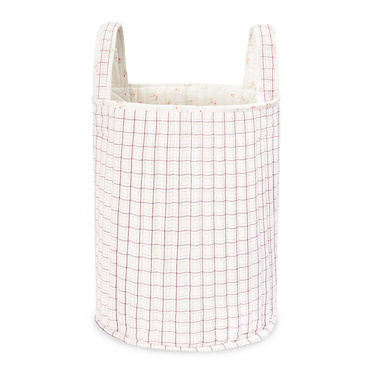 Grid-patterned laundry basket on a white background