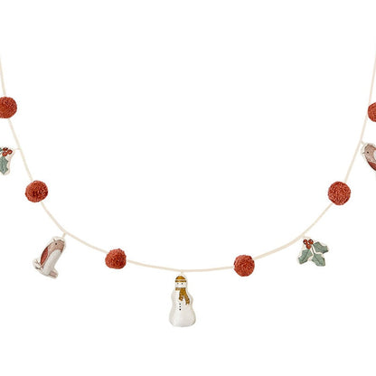 Decorative garland with snowmen, berries, and holly leaves on a white background