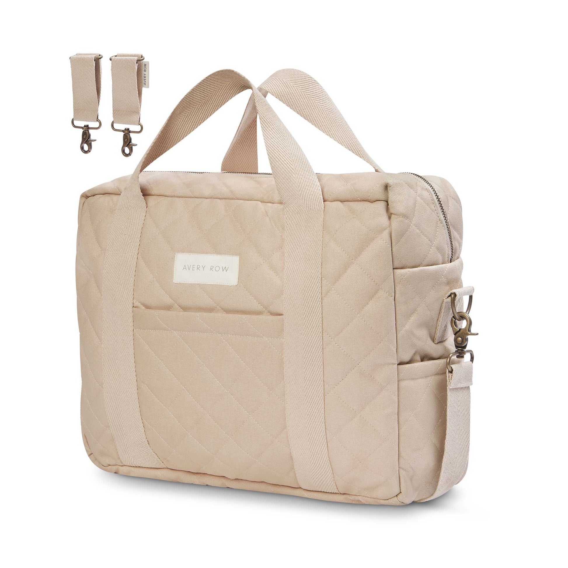 Beige quilted bag with straps on a white background