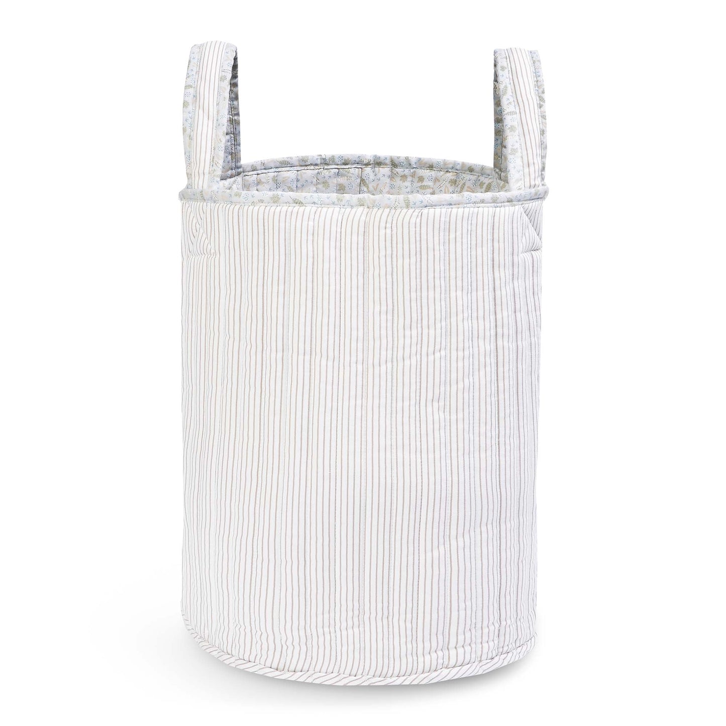 White ribbed fabric basket with handles on a white background