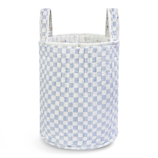 Blue and white checkered laundry basket on a white background