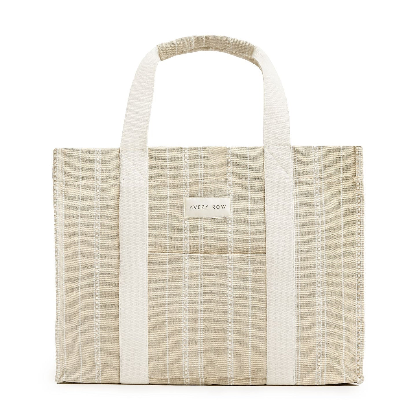 Beige and white striped tote bag with 'Avery Row' label on a white background