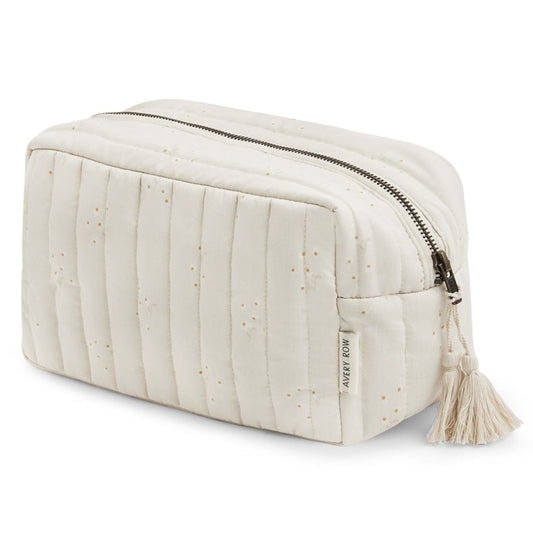 Quilted toiletry bag with zipper and tassel on a white background