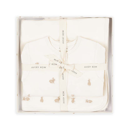 Baby outfit with bunny print in a box labeled 'Avery Row' on a white background
