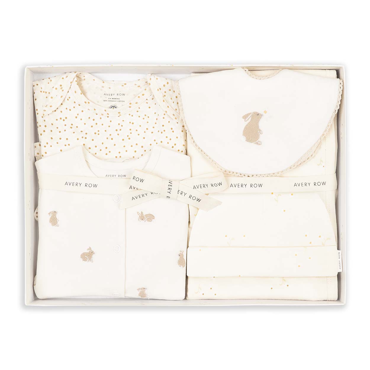 Baby clothing set with polka dot pattern in a box, featuring brand 'Every Row'.