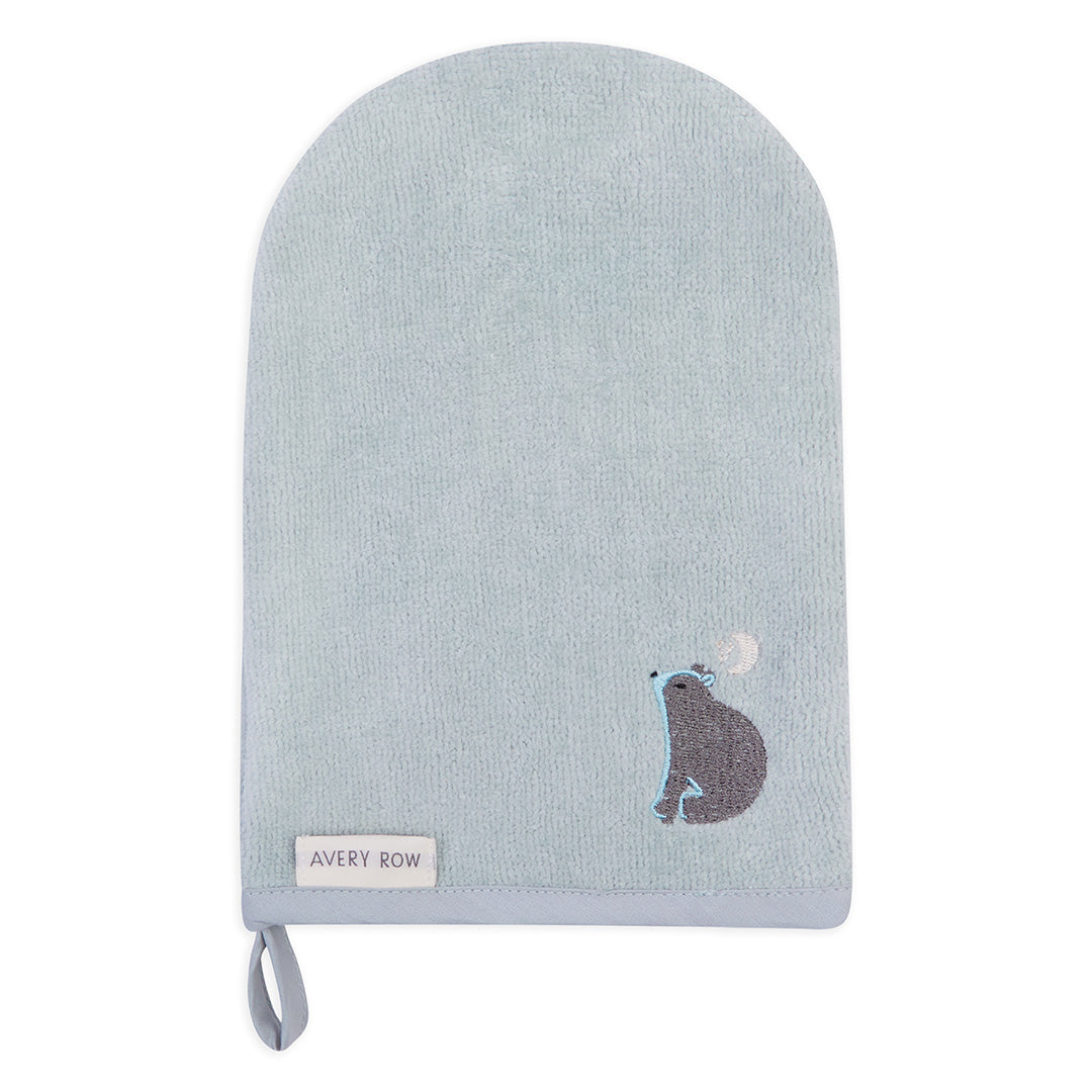 Light blue baby hat with a bear design and 'Avery Row' label on a white background