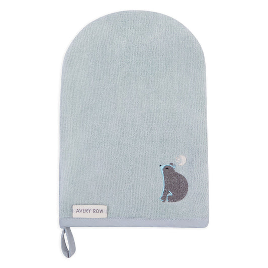 Light blue baby hat with a bear design and 'Avery Row' label on a white background