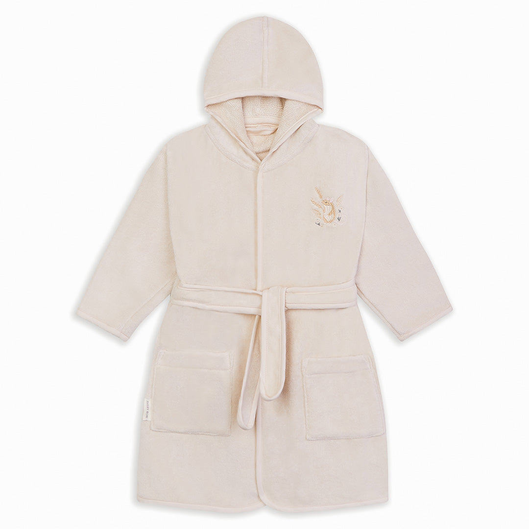 Beige robe with hood and belt on a white background