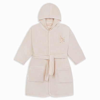 Beige robe with hood and belt on a white background