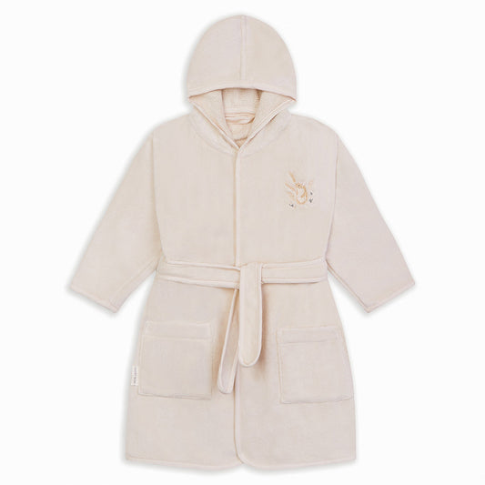 Beige robe with hood and belt on a white background