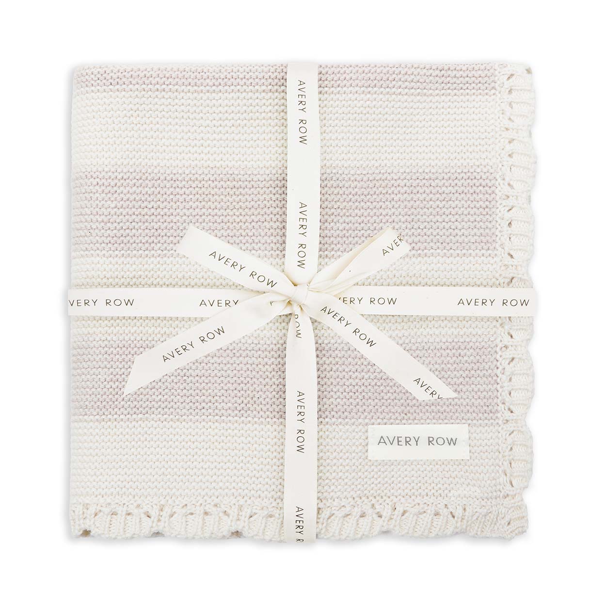 Textured blanket with a white ribbon and 'Avery Row' label on a white background
