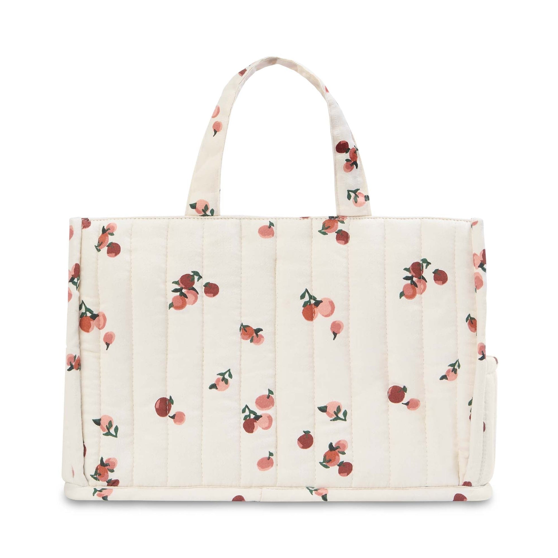Quilted tote bag with cherry pattern on a white background