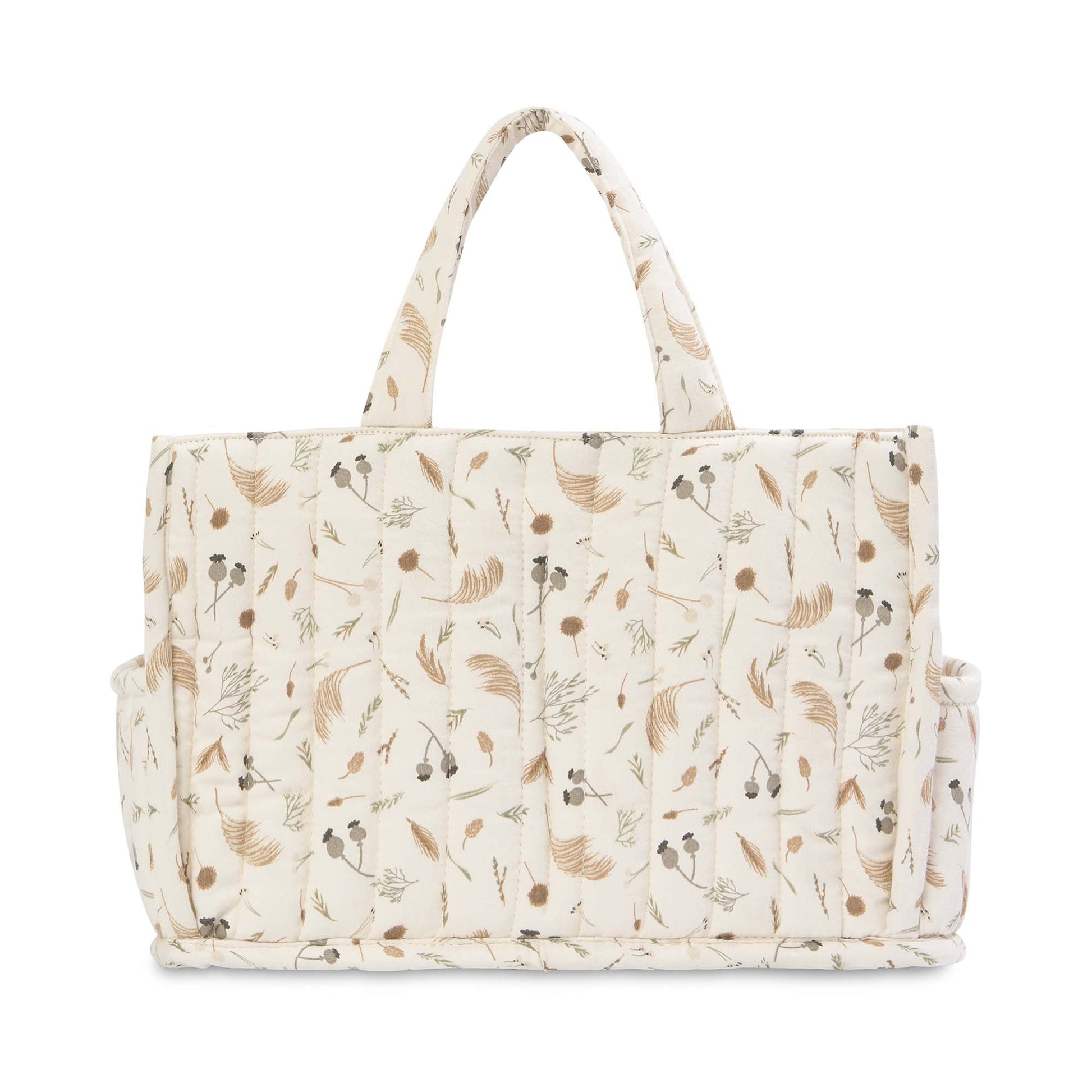 Floral-patterned tote bag on a white background