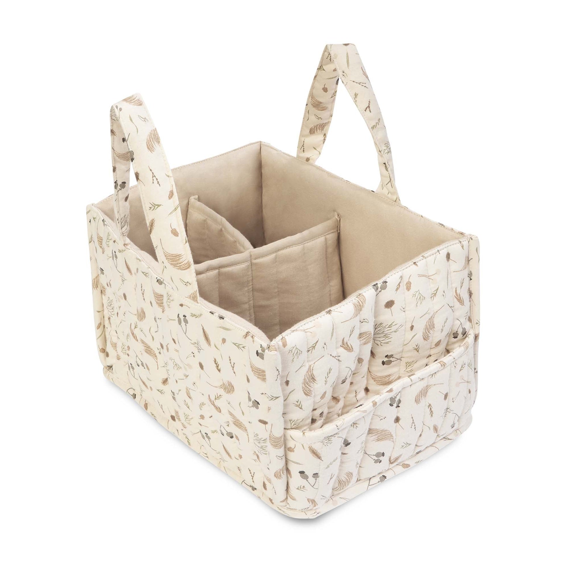 Fabric storage basket with floral pattern on a white background